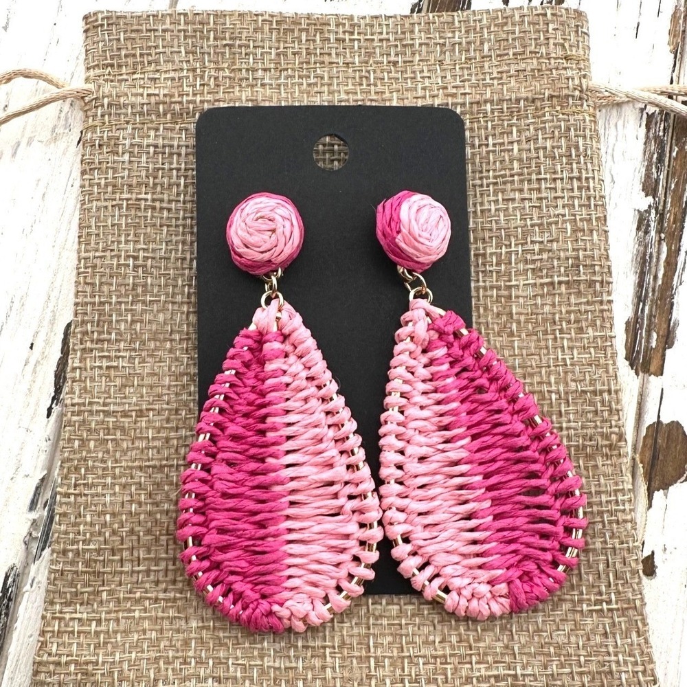 Raffia‎ BraidedTeardrop Earrings Pink Ombre NEW